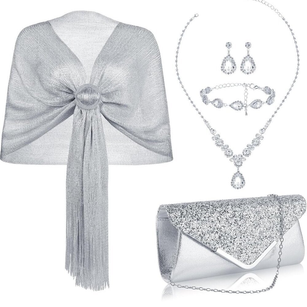 Jewelry Set Silver Shawls Wraps Clutch Purse For Formal Evening Events